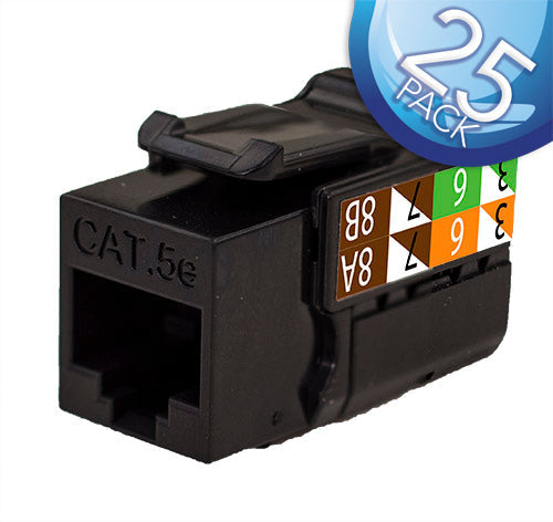 CAT5E Data Grade Keystone Jack – RJ45, 8×8 - Black, 25 Pack