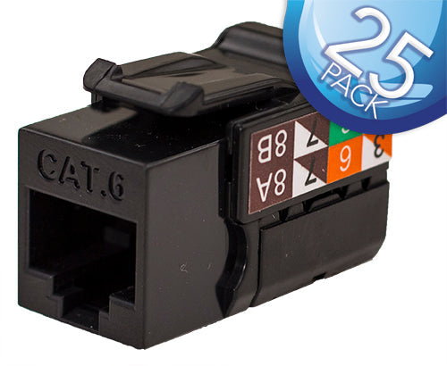 CAT6 Data Grade Keystone Jack – RJ45, 8×8 - Black, 25 Pack