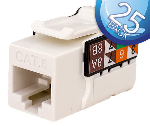 CAT6 Data Grade Keystone Jack – RJ45, 8×8 - White, 25 Pack