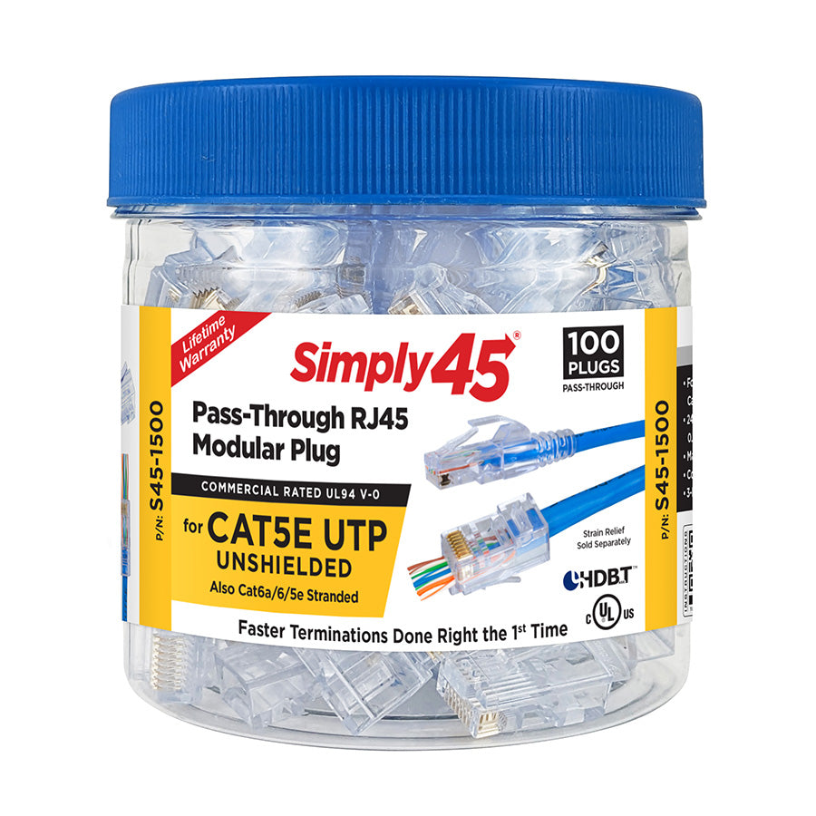 S45-1500 – Simply45® Cat5e Unshielded Pass-Through RJ45 Modular Plugs 100 pc/Jar