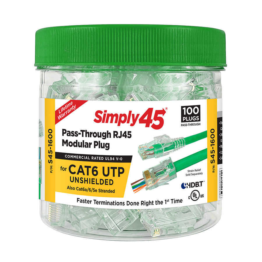 S45-1600 – Simply45® Cat6 Unshielded Pass-Through RJ45 Modular Plugs 100 pc/Jar